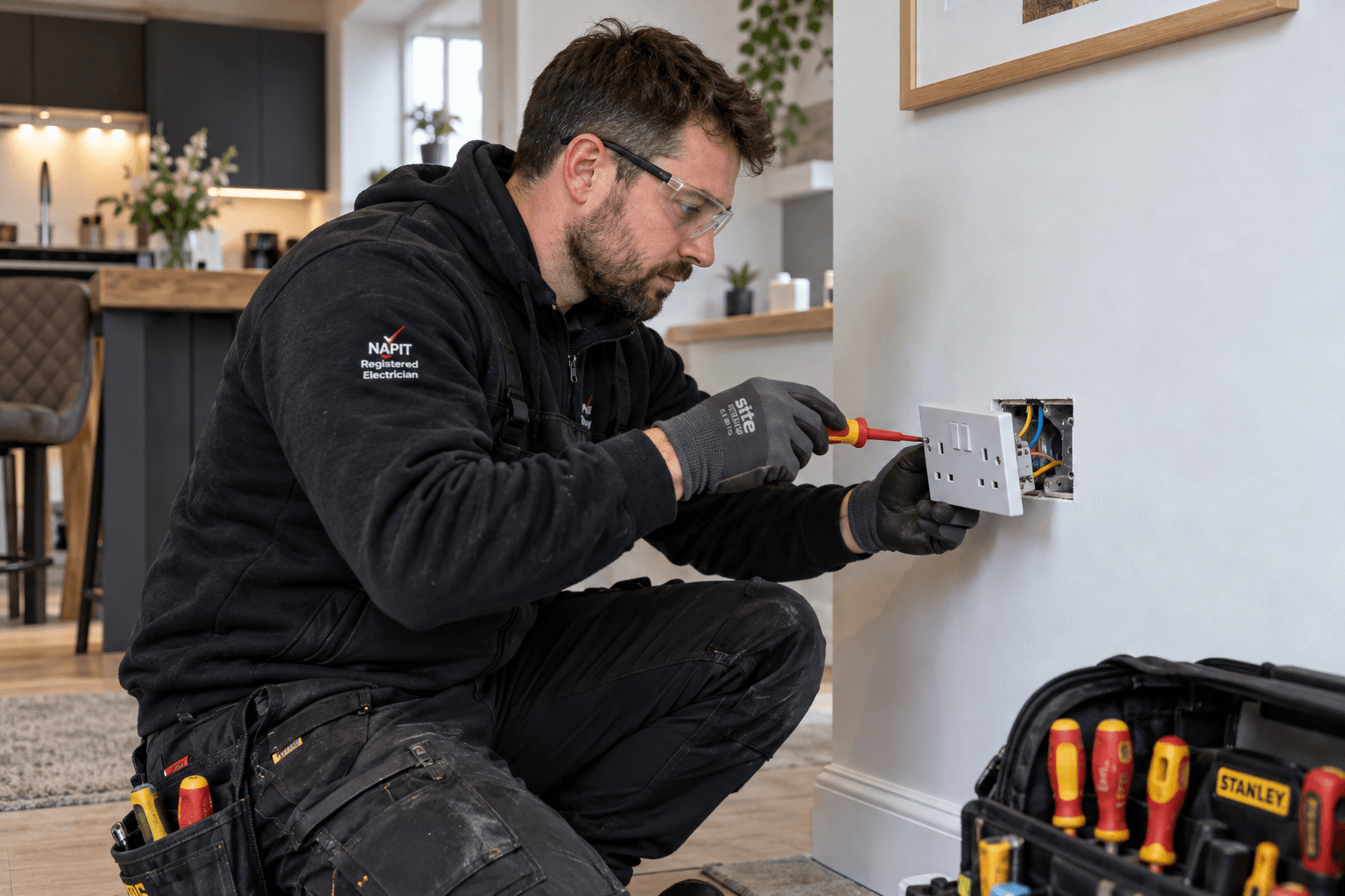 A registered electrician fitting a double socket